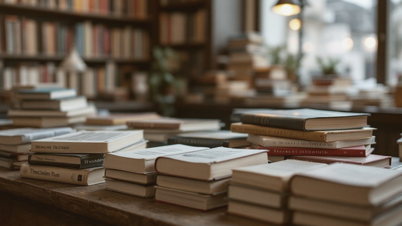 A table of French novels in translation, spines visible, in a bookshop