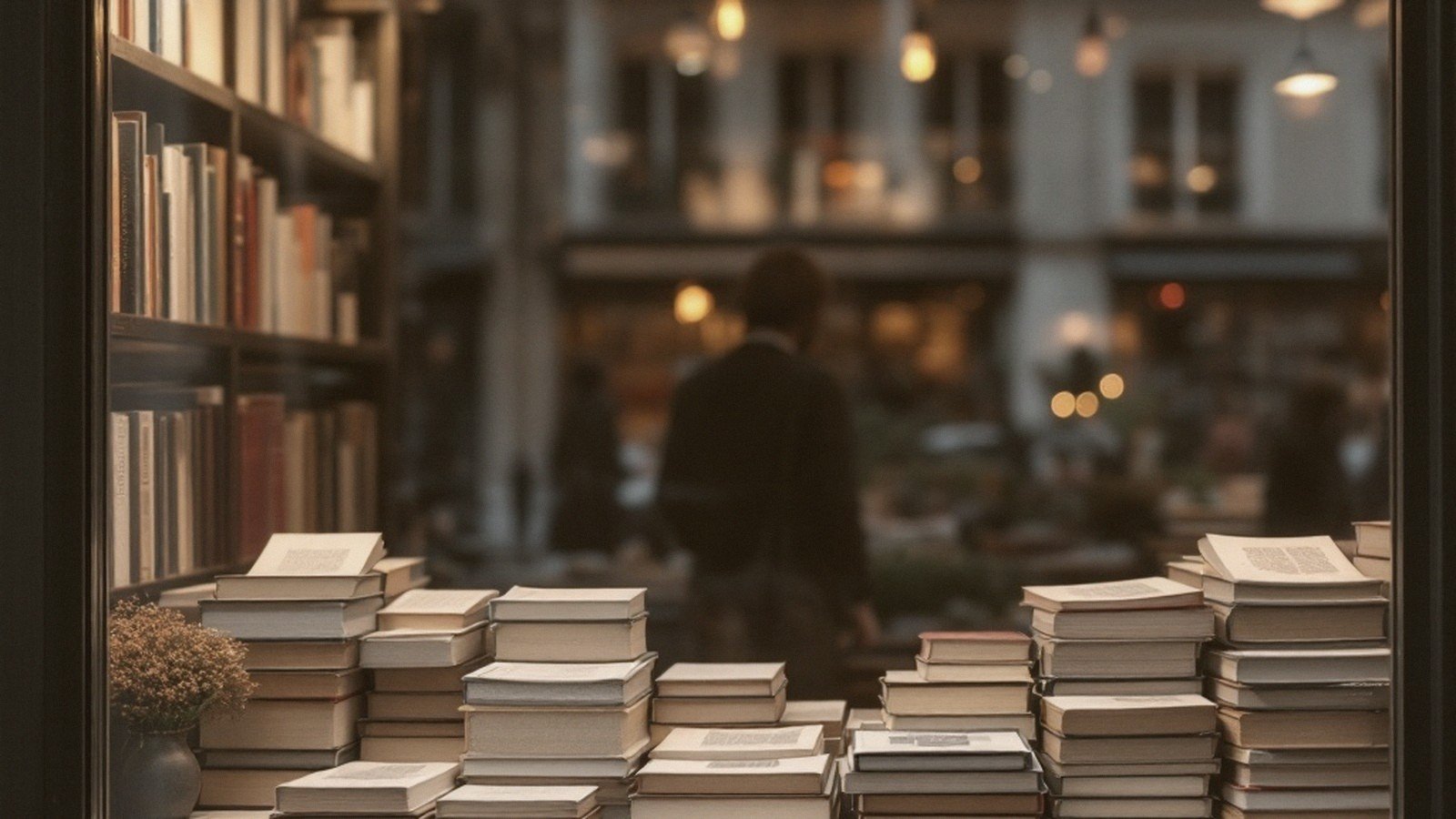 A Paris bookshop window during the rentrée littéraire, stacked with new French novels under warm light
