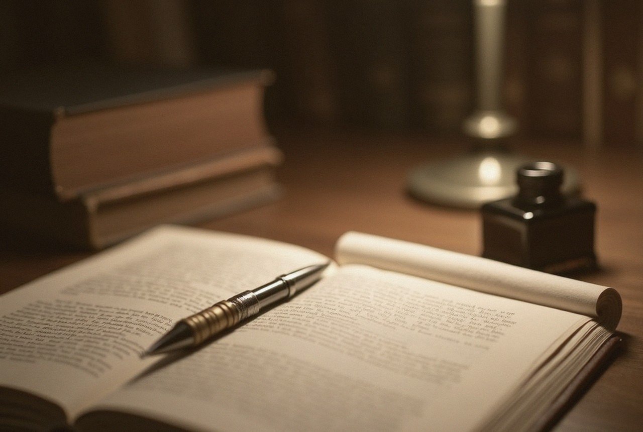 A steel-nibbed pen resting across an open manuscript beside a full inkwell, warm lamplight on paper