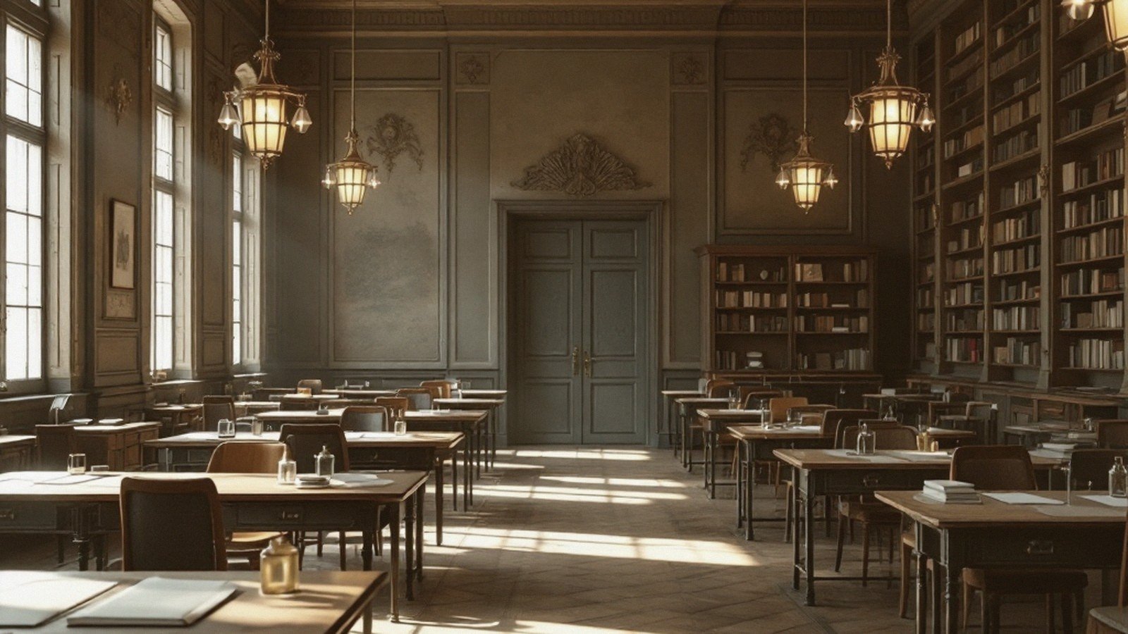 A spare, sunlit French classroom or empty republican hall